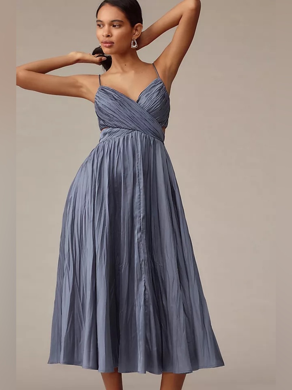 ASTR Capitola Pleated Blue Satin Midi Dress Large Wedding Guest Romantic Party